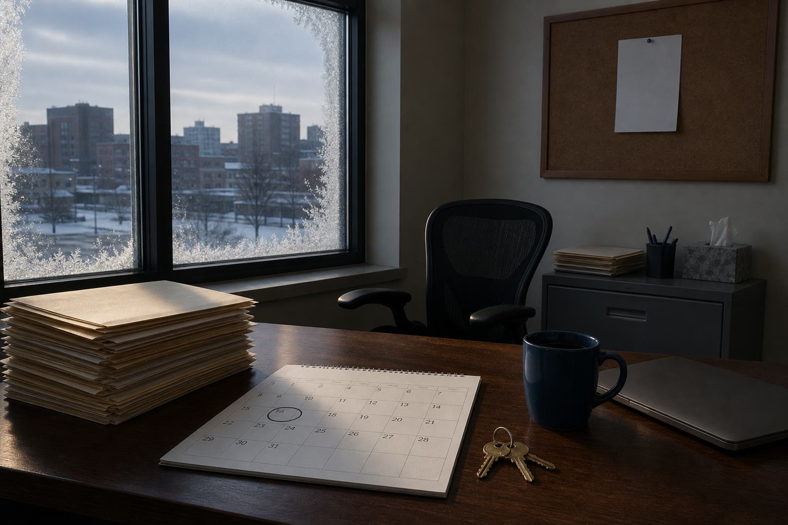 Empty caseworker desk after hours: stacked folders, a calendar with one date circled, a set of keys, winter light through a window.