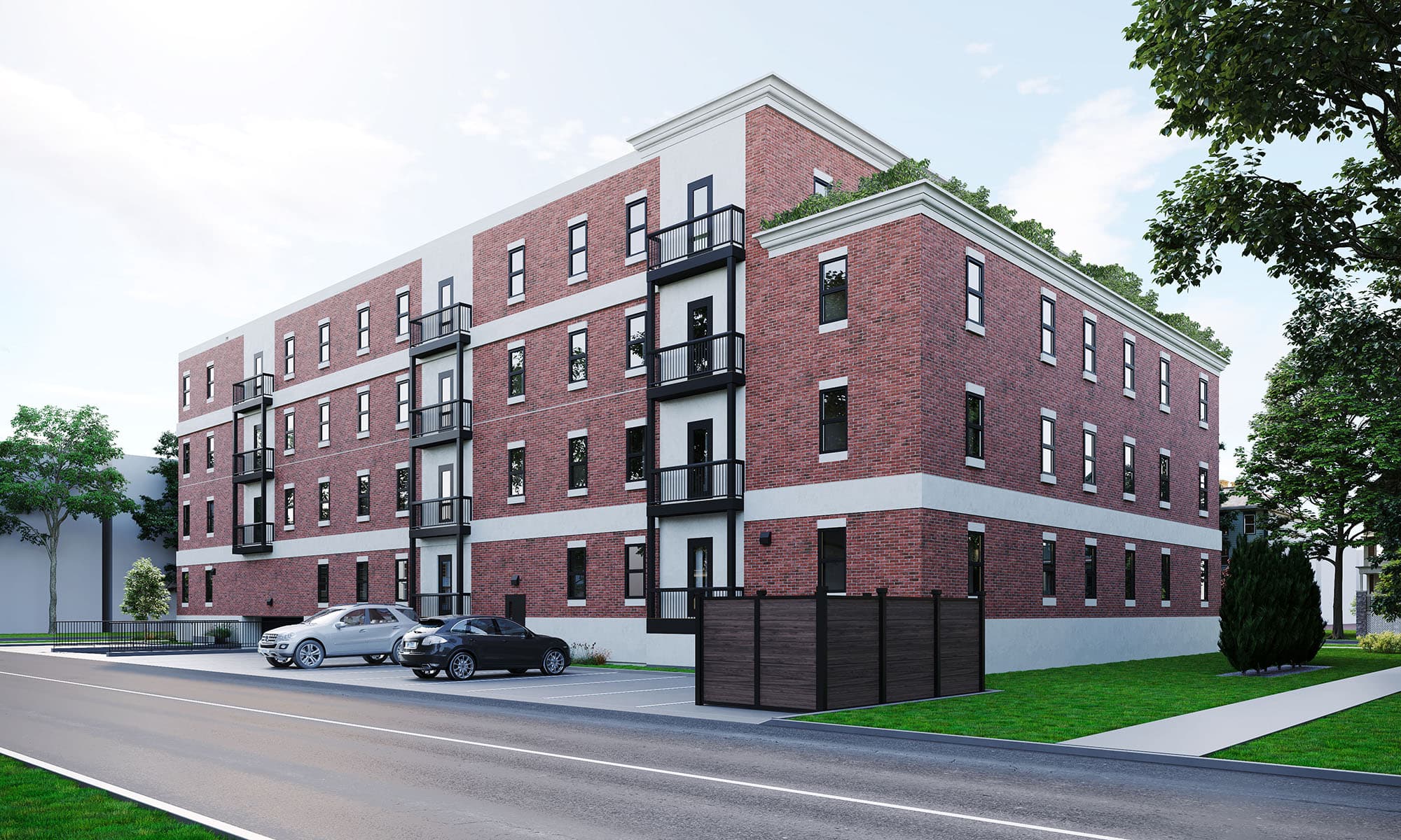 Architectural rendering showing the full 46-unit residential building from the rear