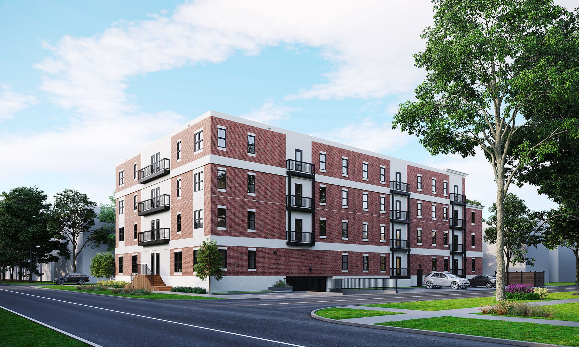 Architectural rendering of the McMillan Avenue building — front entrance view with red brick facade